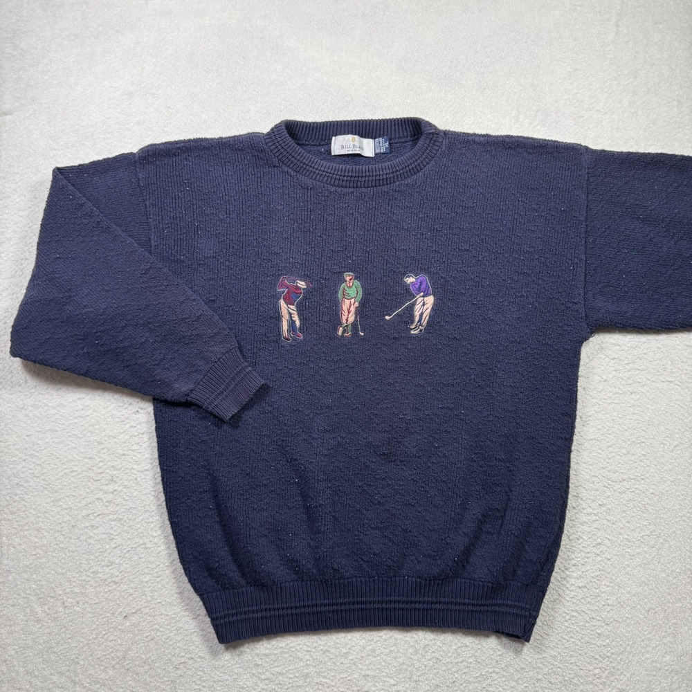 Bill Blass Menswear Navy Blue Golf Embroidered Sweater XL 100% Cotton VTG 90s